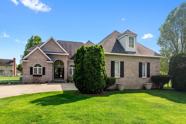 view of front of house featuring brick siding and roof with shingles