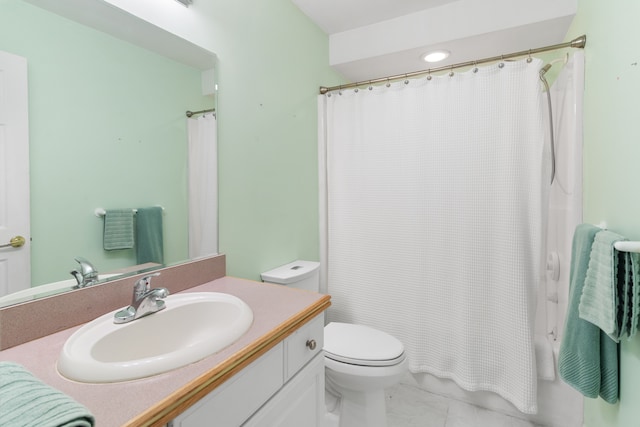 full bathroom featuring toilet, vanity, and shower / bath combination with curtain
