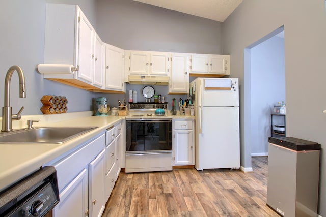35844 Castlewood Ct, Westland, MI 48185 - kitchen featuring white appliances, under cabinet range hood, a sink, and white cabinets