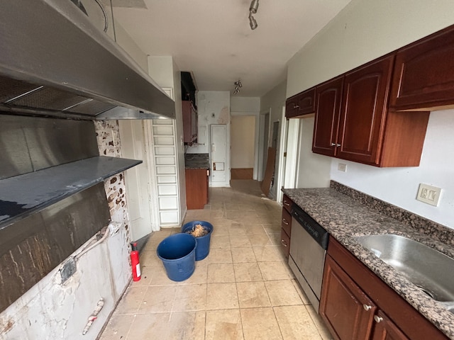 8162 E Jefferson Ave Unit 16B, Detroit, MI 48214 - kitchen with under cabinet range hood, stainless steel dishwasher, light tile patterned floors, and a sink