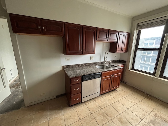 8162 E Jefferson Ave Unit 16B, Detroit, MI 48214 - kitchen with stainless steel dishwasher, a sink, dark countertops, light tile patterned flooring, and dark brown cabinets