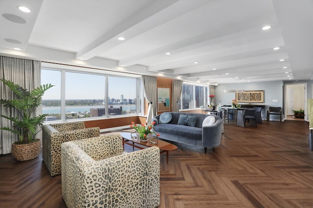 1300 E Lafayette St Unit 2003, 04, 05, Detroit, MI 48207 - living room featuring recessed lighting, beam ceiling, and a water view