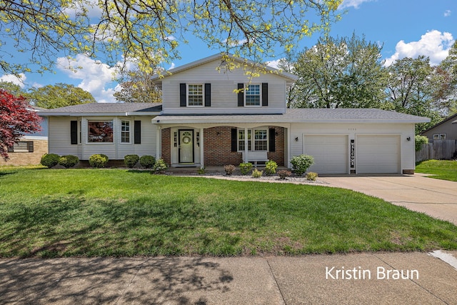 view of front of property featuring a garage, driveway, brick siding, a porch, and a shingled roof