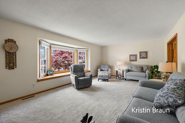 carpeted living room with baseboards and a textured ceiling