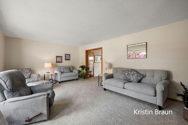living area featuring carpet and a textured ceiling