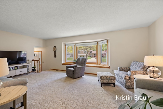 carpeted living area featuring a textured ceiling