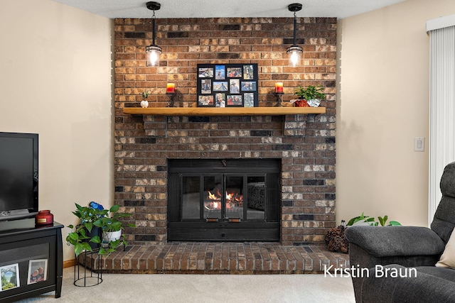 carpeted living room featuring a fireplace