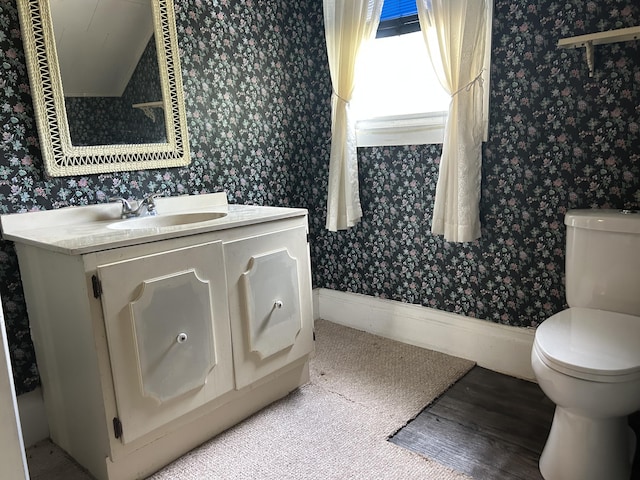 1902 W Ogilvie Ave, Baldwin, MI 49304 - bathroom with wallpapered walls, toilet, wood finished floors, and vanity