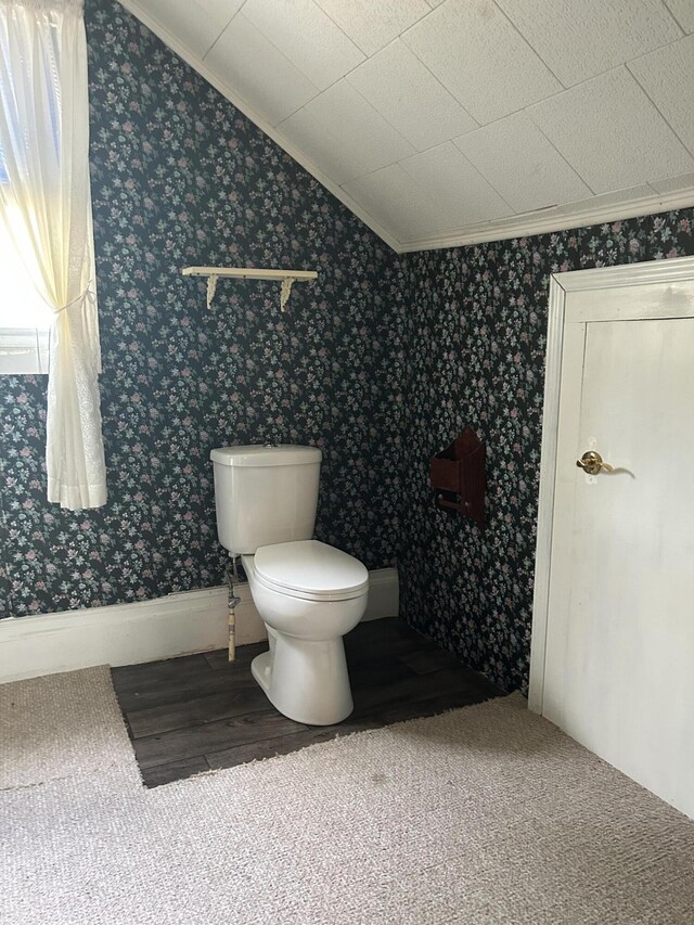 1902 W Ogilvie Ave, Baldwin, MI 49304 - bathroom with ornamental molding, toilet, and wallpapered walls