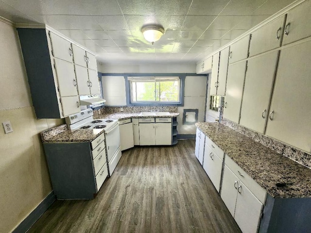kitchen featuring white electric range, dark wood-type flooring, white cabinetry, and under cabinet range hood