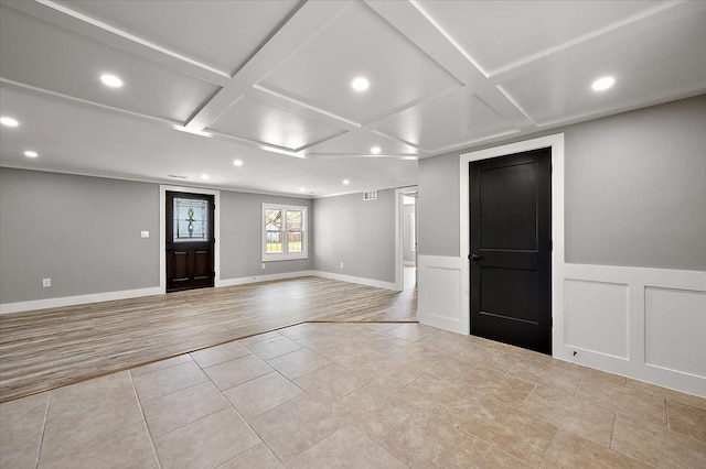 13665 Ida Ave, Warren, MI 48089 - foyer with coffered ceiling, recessed lighting, wood finished floors, a wainscoted wall, and a decorative wall