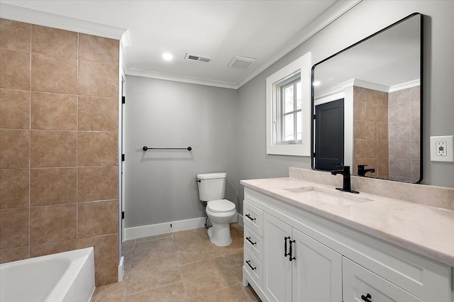 13665 Ida Ave, Warren, MI 48089 - bathroom with crown molding, toilet, vanity, a bath, and baseboards