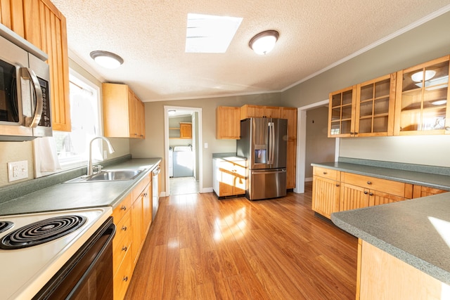 2330 N Rath Rd, Ludington, MI 49431 - kitchen featuring stainless steel appliances, a sink, a textured ceiling, crown molding, and light wood-style flooring