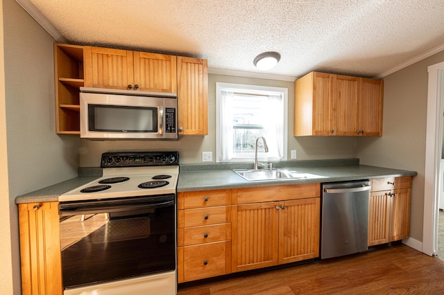 2330 N Rath Rd, Ludington, MI 49431 - kitchen with appliances with stainless steel finishes, a sink, ornamental molding, dark wood-style flooring, and a textured ceiling
