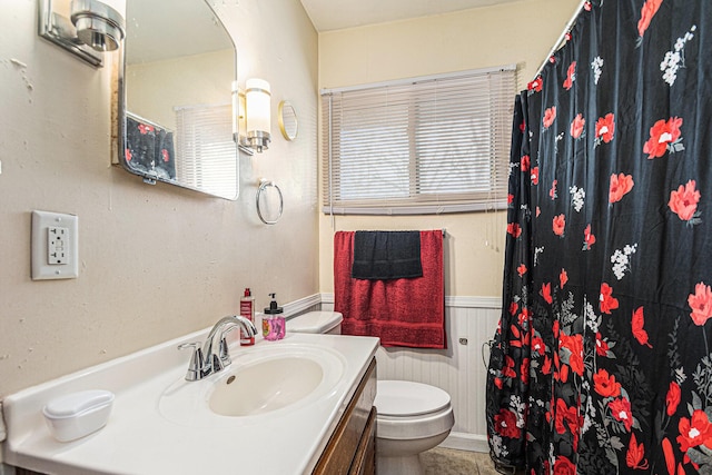 1772 Lombard St, Benton Harbor, MI 49022 - full bath with toilet, vanity, a shower with curtain, wainscoting, and wood walls