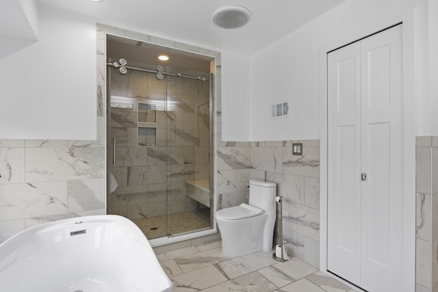 4578 Pine Village Dr, West Bloomfield, MI 48323 - full bathroom with tile walls, a shower stall, marble look tile flooring, toilet, and a freestanding tub