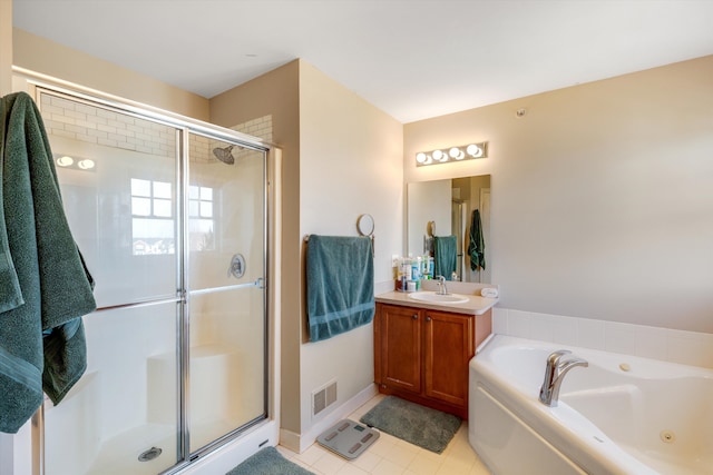 50107 Harding St, Canton, MI 48188 - full bath featuring a shower stall, vanity, a tub with jets, tile patterned flooring, and baseboards