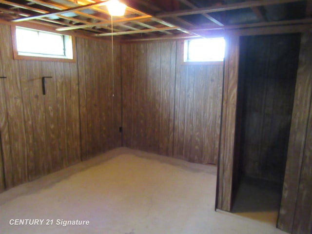 basement with wooden walls and healthy amount of natural light