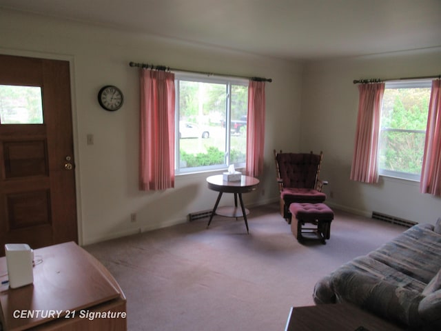 living room with carpet floors and baseboards