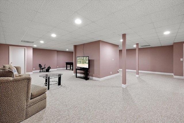 19880 Irving Dr, Livonia, MI 48152 - carpeted living room with recessed lighting, baseboards, and a paneled ceiling