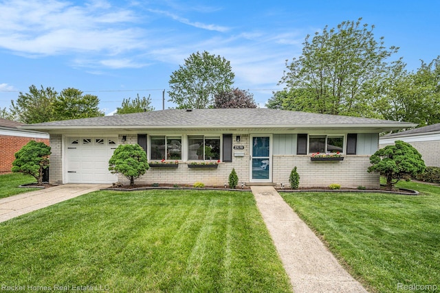 23158 Tuck Rd, Farmington Hills, MI 48336 - ranch-style home with brick siding, an attached garage, concrete driveway, and a front lawn