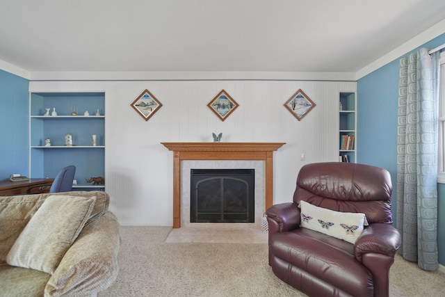 204 Parker St, Cement City, MI 49233 - living room with carpet, built in features, and a fireplace