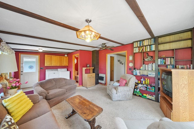 204 Parker St, Cement City, MI 49233 - living room featuring washing machine and clothes dryer, a chandelier, beamed ceiling, carpet floors, and ceiling fan