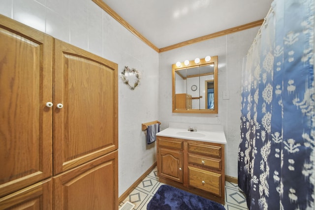 204 Parker St, Cement City, MI 49233 - full bath with ornamental molding, vanity, a shower with shower curtain, and tile walls