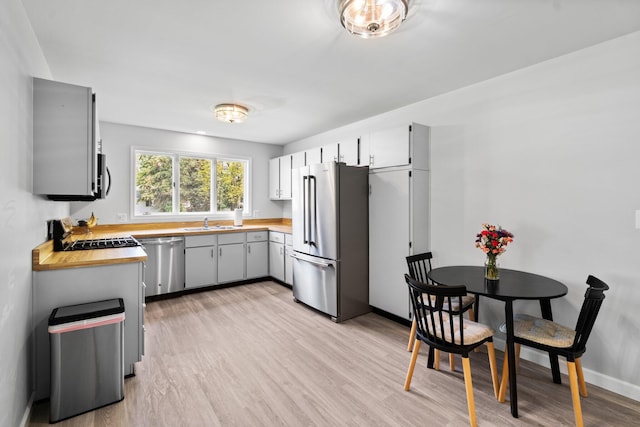 160 Cherry St, Milan, MI 48160 - kitchen featuring stainless steel appliances, a sink, light wood-type flooring, baseboards, and wood counters