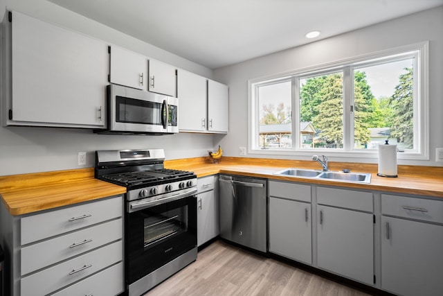 160 Cherry St, Milan, MI 48160 - kitchen with appliances with stainless steel finishes, a sink, butcher block counters, gray cabinets, and recessed lighting