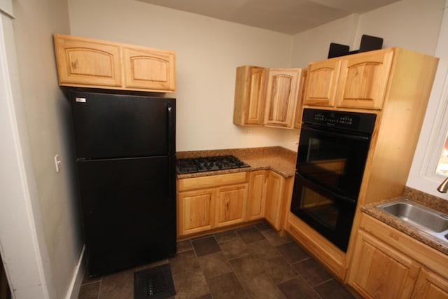 212 Rose Pl, Kalamazoo, MI 49001 - kitchen featuring black appliances, a sink, light brown cabinets, and dark stone countertops