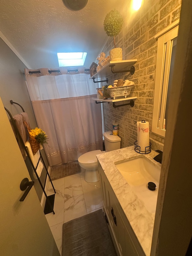 33332 Fern Ct, Lenox, MI 48048 - bathroom with marble finish flooring, toilet, a textured ceiling, a shower with shower curtain, and vanity