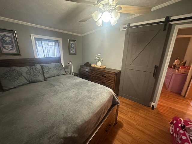 33332 Fern Ct, Lenox, MI 48048 - bedroom featuring a barn door, light wood finished floors, ornamental molding, and a ceiling fan