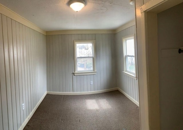 1030 Eastern Ave SE, Grand Rapids, MI 49507 - empty room with dark carpet, baseboards, wooden walls, a textured ceiling, and a smoke detector