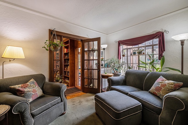 1602 Linwood Ave, Flint, MI 48503 - sitting room with a textured wall, carpet floors, vaulted ceiling, a textured ceiling, and french doors