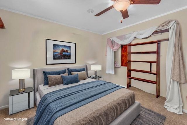 11317 N Dr, Brooklyn, MI 49230 - bedroom with carpet flooring, ornamental molding, ceiling fan, and baseboards