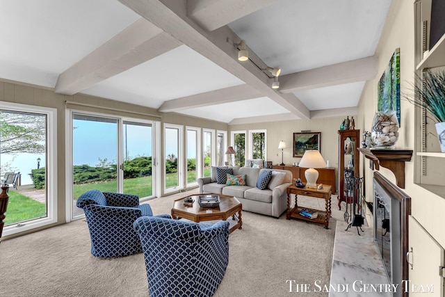 living room featuring light colored carpet and beam ceiling