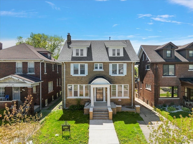 1199 Atkinson St, Detroit, MI 48202 - view of front of house featuring a chimney, brick siding, and a front yard