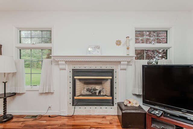 detailed view of wood finished floors, baseboards, and a fireplace