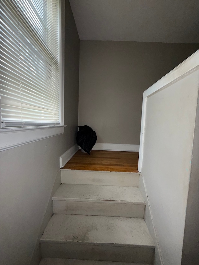 staircase with wood finished floors and baseboards