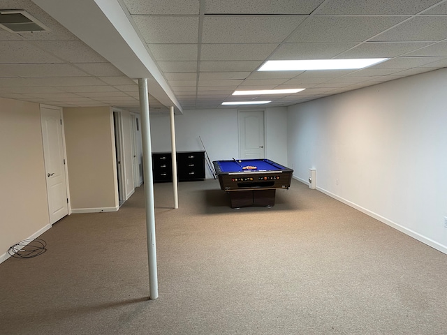 rec room featuring carpet, billiards table, a paneled ceiling, and baseboards