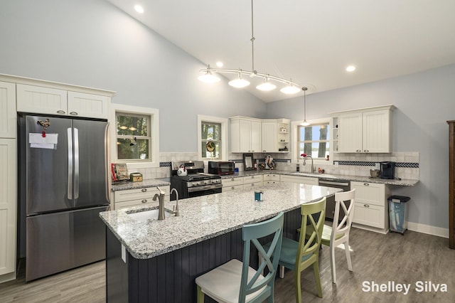 2496 Wolf Lake Dr, Baldwin, MI 49304 - kitchen featuring appliances with stainless steel finishes, a sink, open shelves, a center island with sink, and high vaulted ceiling