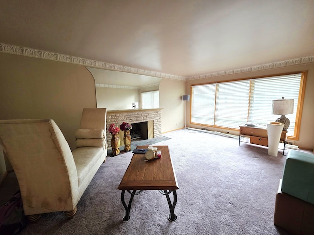 19266 Tyrone St, Harper Woods, MI 48225 - living area featuring carpet and a brick fireplace