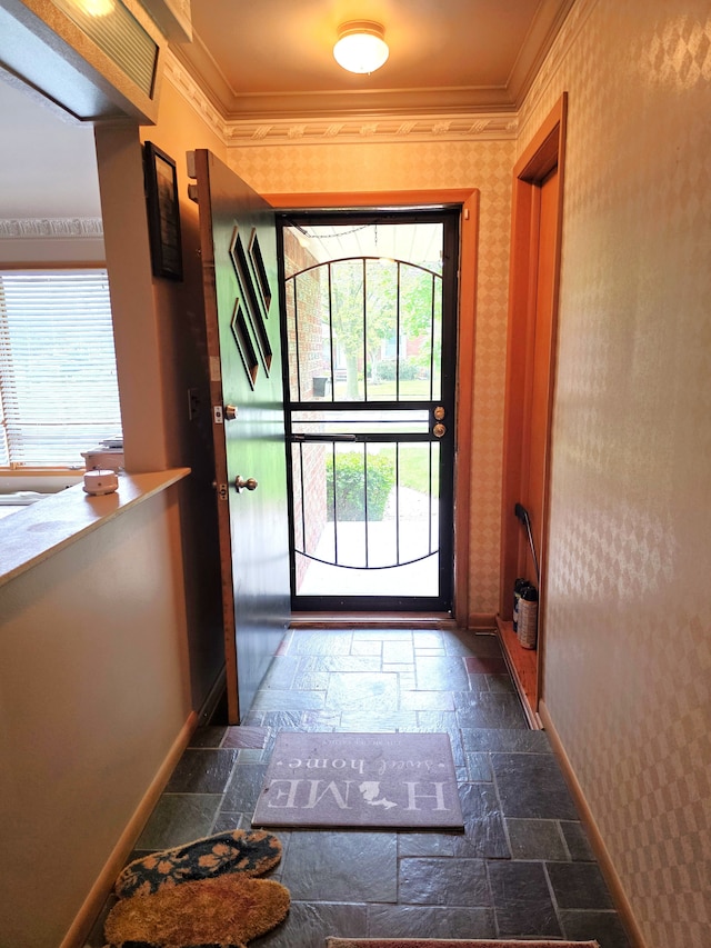 19266 Tyrone St, Harper Woods, MI 48225 - entryway featuring stone tile floors, baseboards, ornamental molding, and wallpapered walls