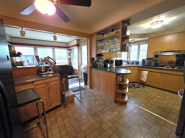 19266 Tyrone St, Harper Woods, MI 48225 - kitchen featuring open shelves, tile patterned floors, black appliances, under cabinet range hood, and a ceiling fan