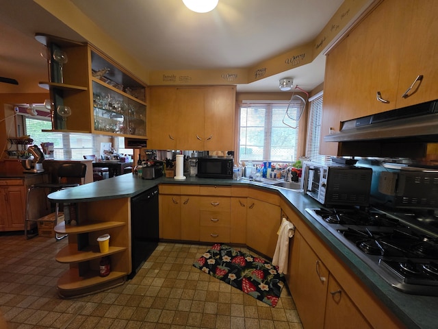 19266 Tyrone St, Harper Woods, MI 48225 - kitchen featuring open shelves, black appliances, under cabinet range hood, tile patterned floors, and a peninsula