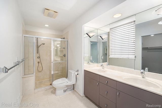 3079 Ravinewood Dr, Commerce Twp, MI 48382 - full bathroom featuring double vanity, a stall shower, toilet, tile patterned flooring, and baseboards