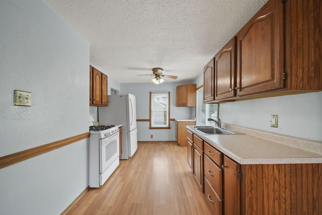 5732 Selfridge Blvd, Lansing, MI 48911 - kitchen with white range with gas stovetop, a sink, ceiling fan, light wood-type flooring, and a textured ceiling
