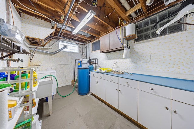 9417 Cedar Island Rd, White Lake, MI 48386 - basement with wallpapered walls and a water softener system
