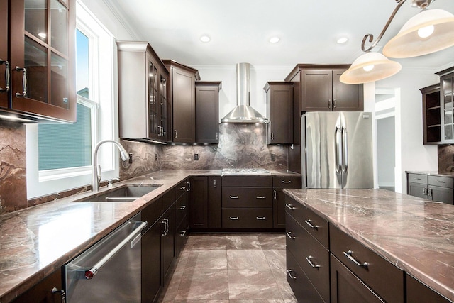 8030 Lionel Dr SW, Byron Center, MI 49315 - kitchen featuring stainless steel appliances, wall chimney exhaust hood, stone counters, dark brown cabinetry, and recessed lighting